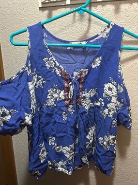 Chloe & Katie Royal Blue Floral Cold-Shoulder Tank